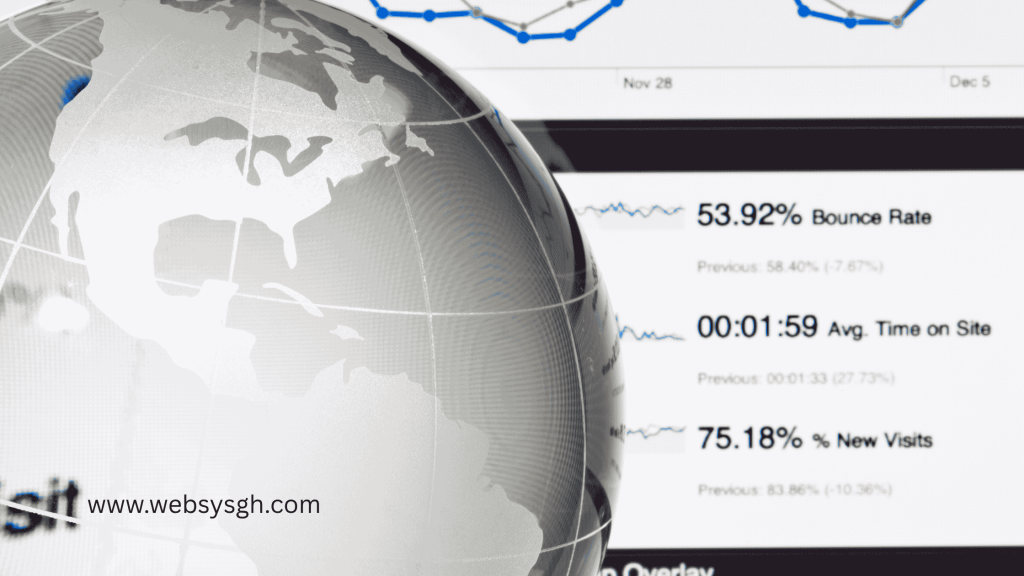 Globe overlay on web analytics dashboard showing bounce rate, average time on site, and new visits for small businesses in Ghana.