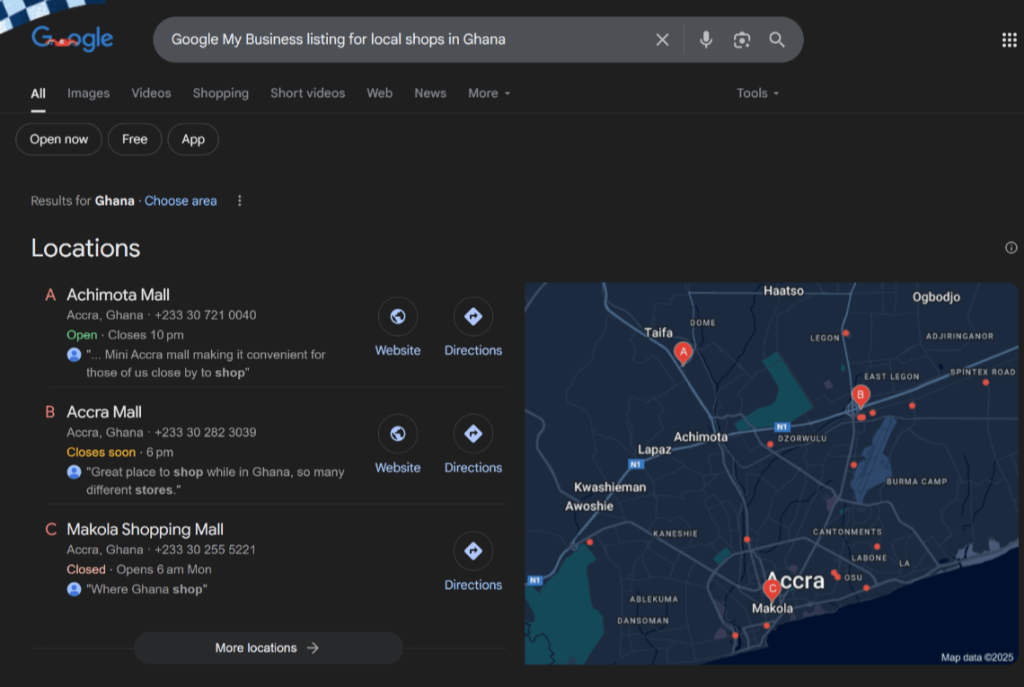 Google My Business listing showing local shops in Accra, Ghana