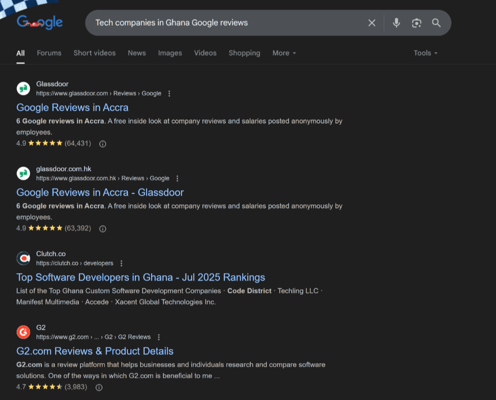 Google search results showing tech company reviews in Ghana