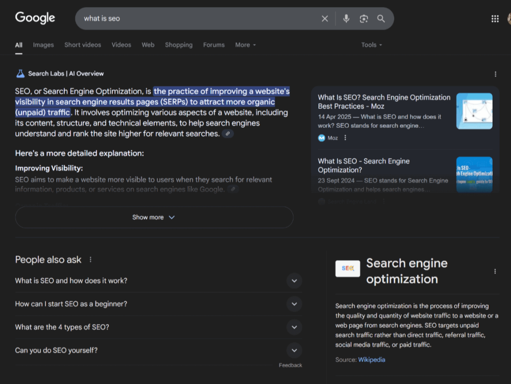 Google’s AI Overview showing informational search result for what is SEO