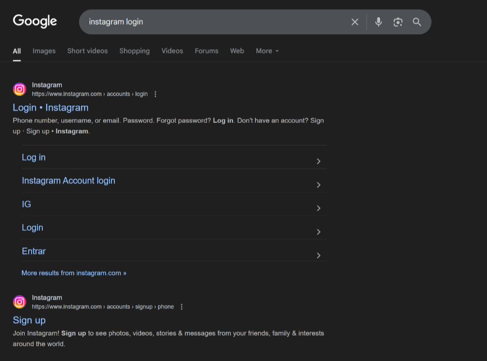 Navigational keyword example displaying Instagram login page on SERP features.