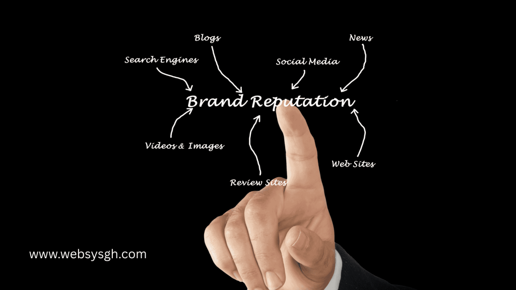Diagram showing key digital channels influencing brand reputation, including social media, blogs, review sites, and search engines in Ghana