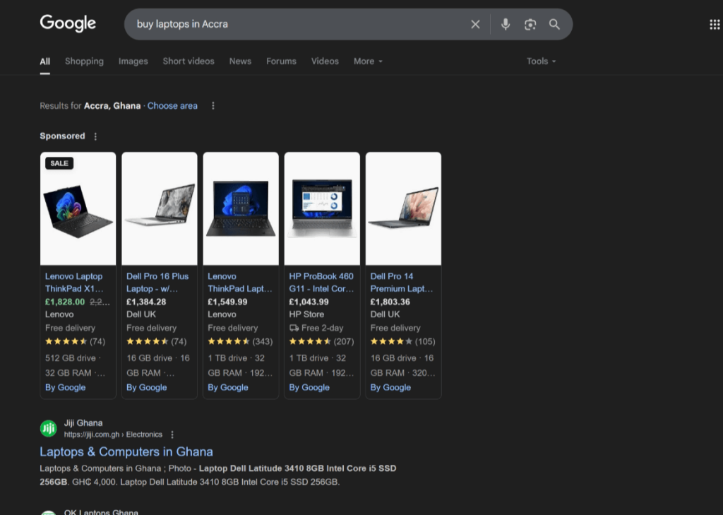 Transactional keyword for buying laptops in Accra with product listings