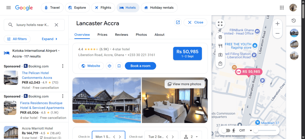 Example of a well-optimized Google My Business profile for Lancaster Accra, a 4-star hotel in Accra, Ghana