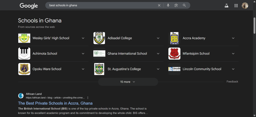 Screenshot of Google search results showing top schools in Ghana such as Wesley Girls' High School, Achimota School, and Ghana International School.