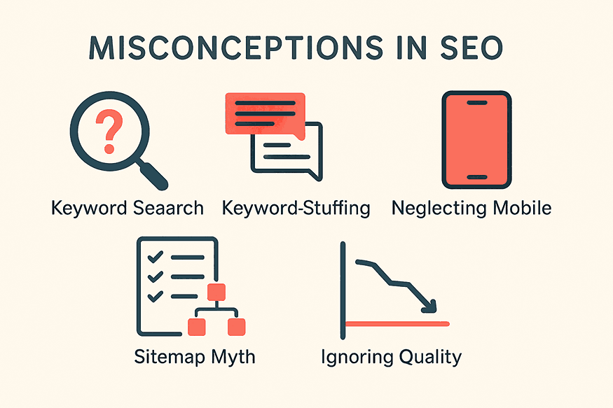 Infographic showing common SEO services misconceptions in Ghana, featuring icons for keyword stuffing, mobile optimization, backlink myths, sitemap, and one-time SEO.