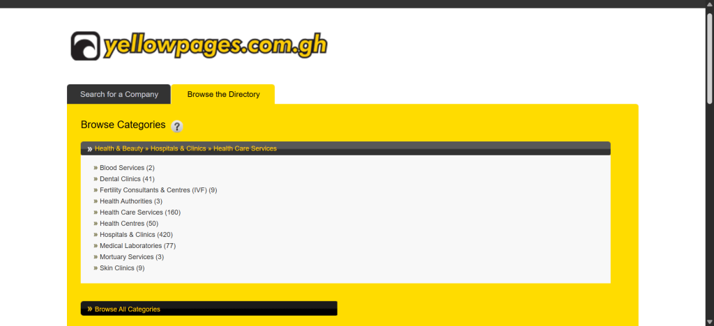 ellow Pages Ghana healthcare directory showcasing various services like blood services, dental clinics, and IVF centers