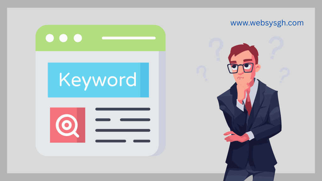Graphic showing keyword misconceptions in SEO services in Ghana, with a business professional and search window illustration.