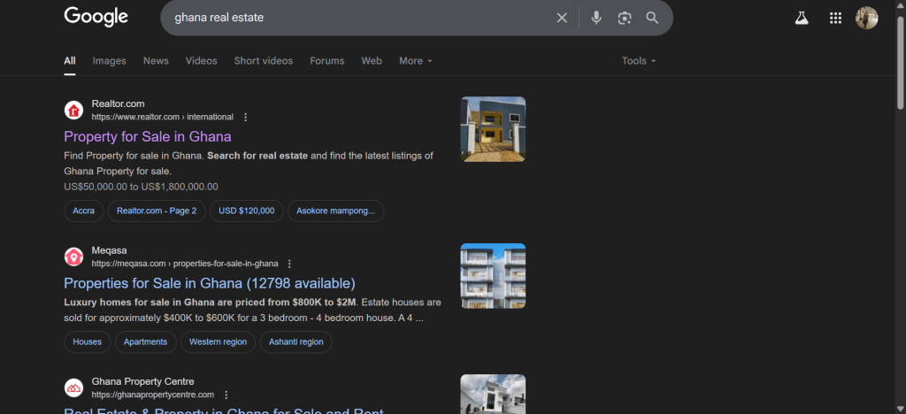 Google search results showing real estate listings in Ghana with optimized Google My Business profiles.