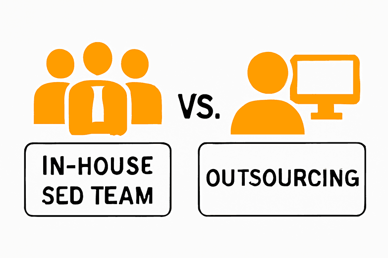 Comparison infographic showing in-house SEO team vs outsourcing SEO services.