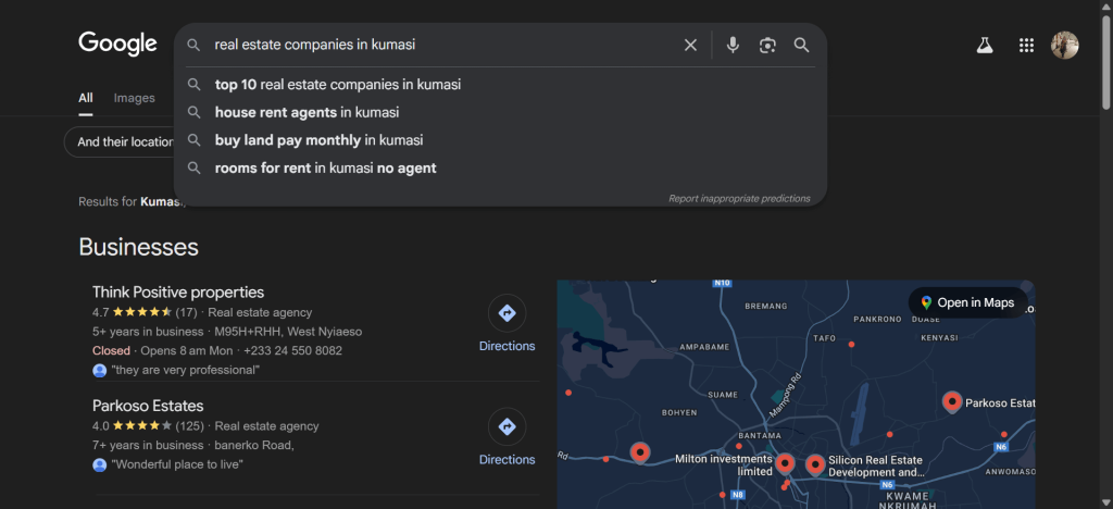 Local real estate search results for Kumasi, Ghana, showcasing Google My Business listings and optimized location keywords.
