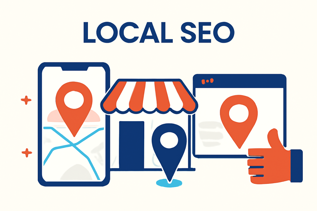 Illustration showing how local SEO helps businesses with location-based optimization and better visibility in search results.