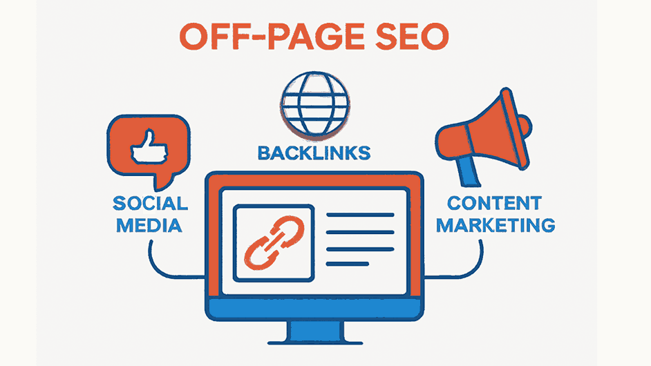 Illustration of off-page SEO strategies showing backlinks, social media, and content marketing for website optimization