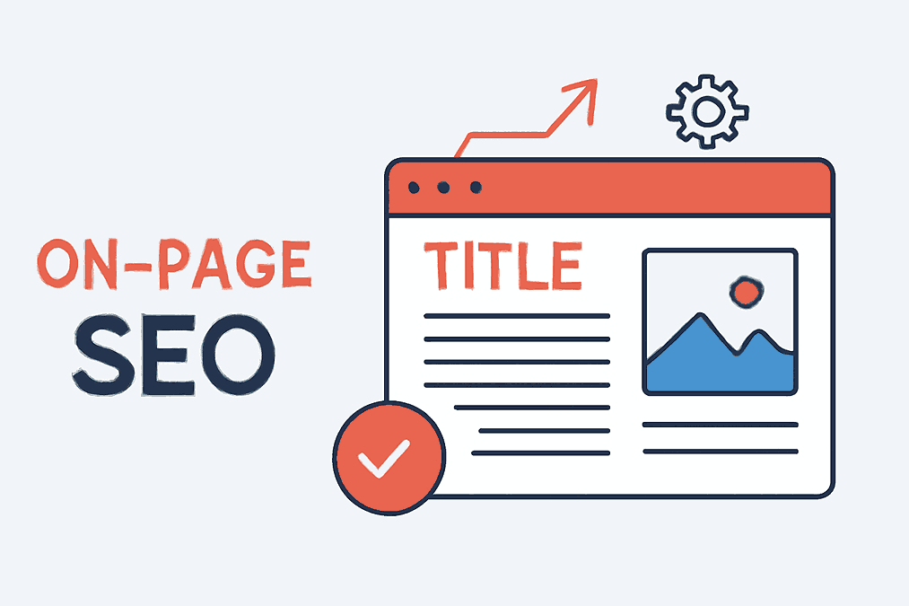 Illustration of on-page SEO optimization strategies showing title tag, image, and SEO elements for website performance.