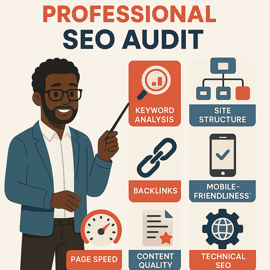 Infographic of professional SEO audit steps for Ghanaian websites including keyword analysis, site structure, backlinks, page speed, mobile-friendliness, content quality, and technical SEO