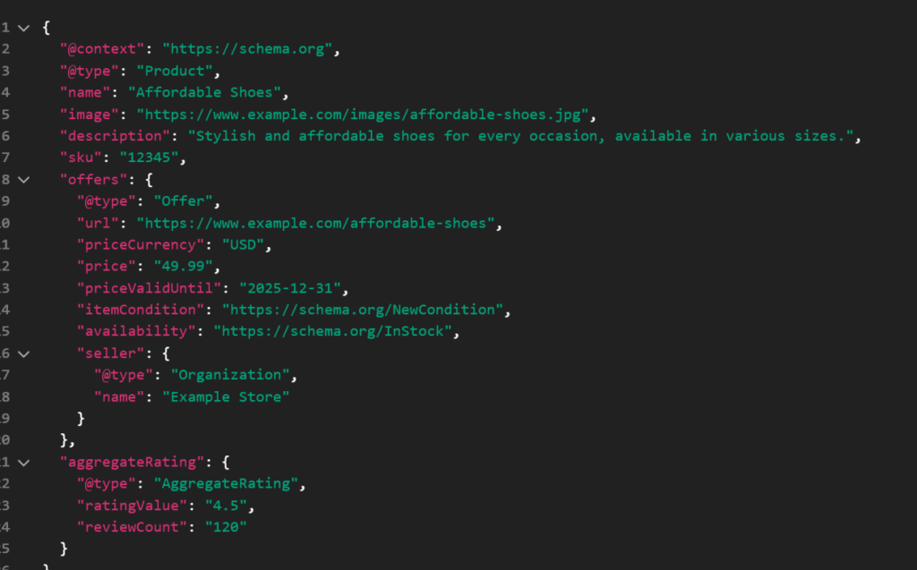 Schema markup example for product listing with aggregate rating and offer details.