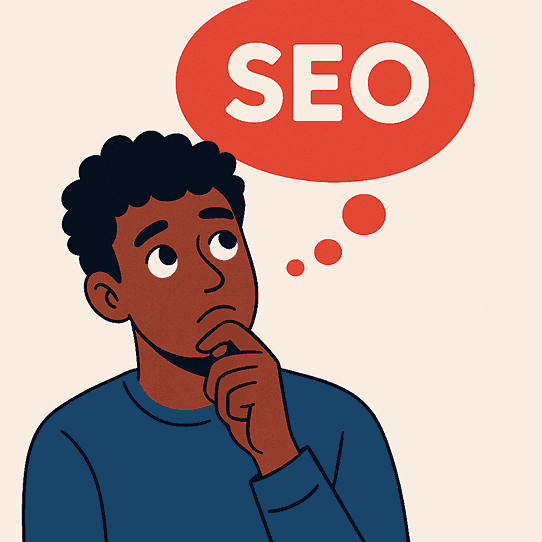 Illustration of a person thinking about SEO basics for beginners in Ghana