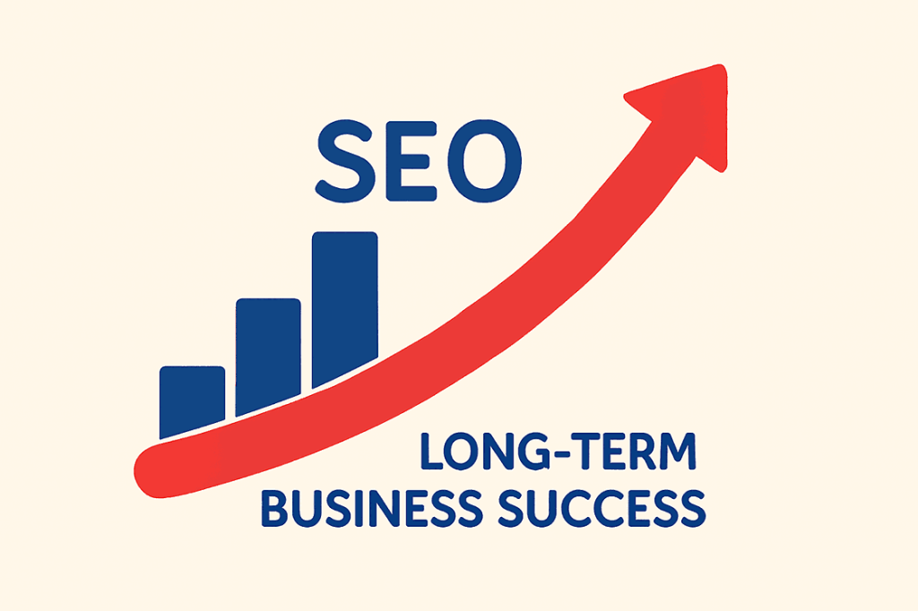 Illustration showing the growth trajectory of a business with SEO, featuring a red upward arrow and blue bar graphs for long-term business success.