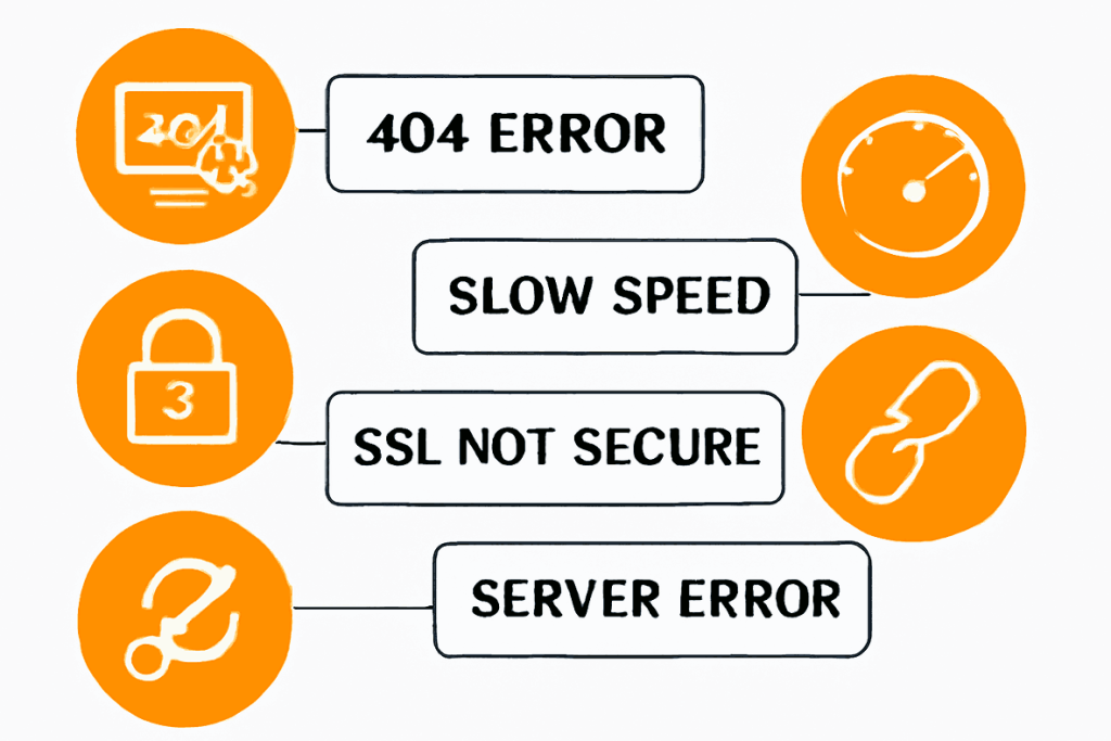 Infographic showing common technical errors of websites: 404 Error, Slow Speed, SSL Not Secure, Server Error, and Broken Links
