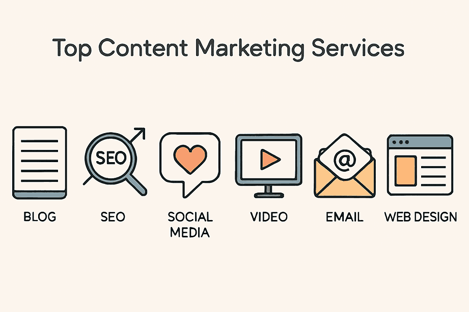 Icons representing top content marketing services in Ghana including SEO optimization for content, social media marketing, blog writing, and audience engagement.