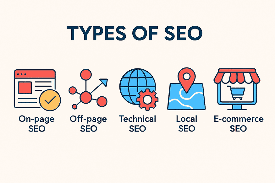 Infographic titled Types of SEO, showing icons for on-page SEO, off-page SEO, technical SEO, local SEO, and e-commerce SEO, designed for beginners in Ghana.
