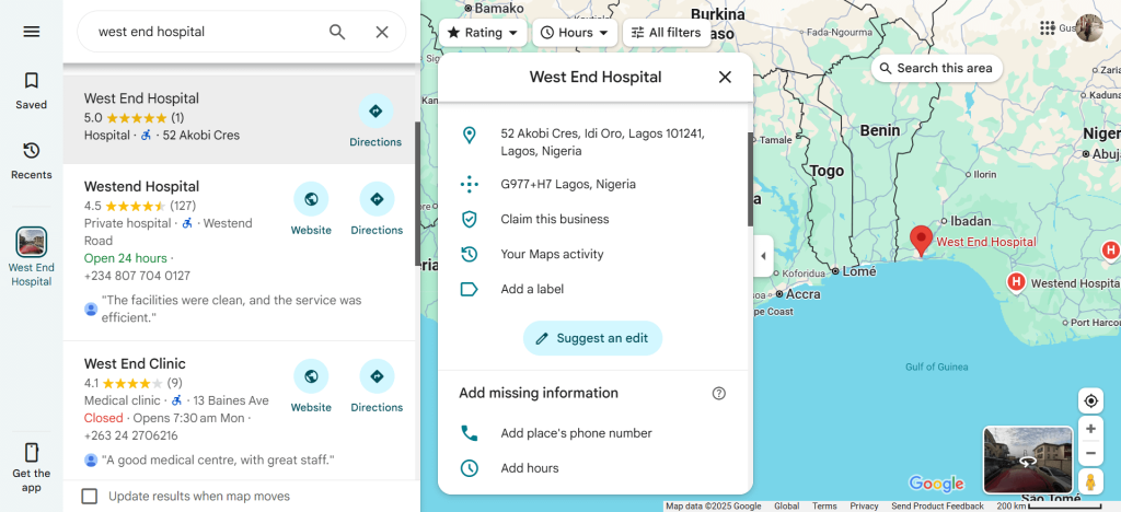 Google My Business profile for West End Hospital, showcasing accurate Name, Address, Phone Number (NAP), and positive patient reviews in Accra for local SEO optimization.