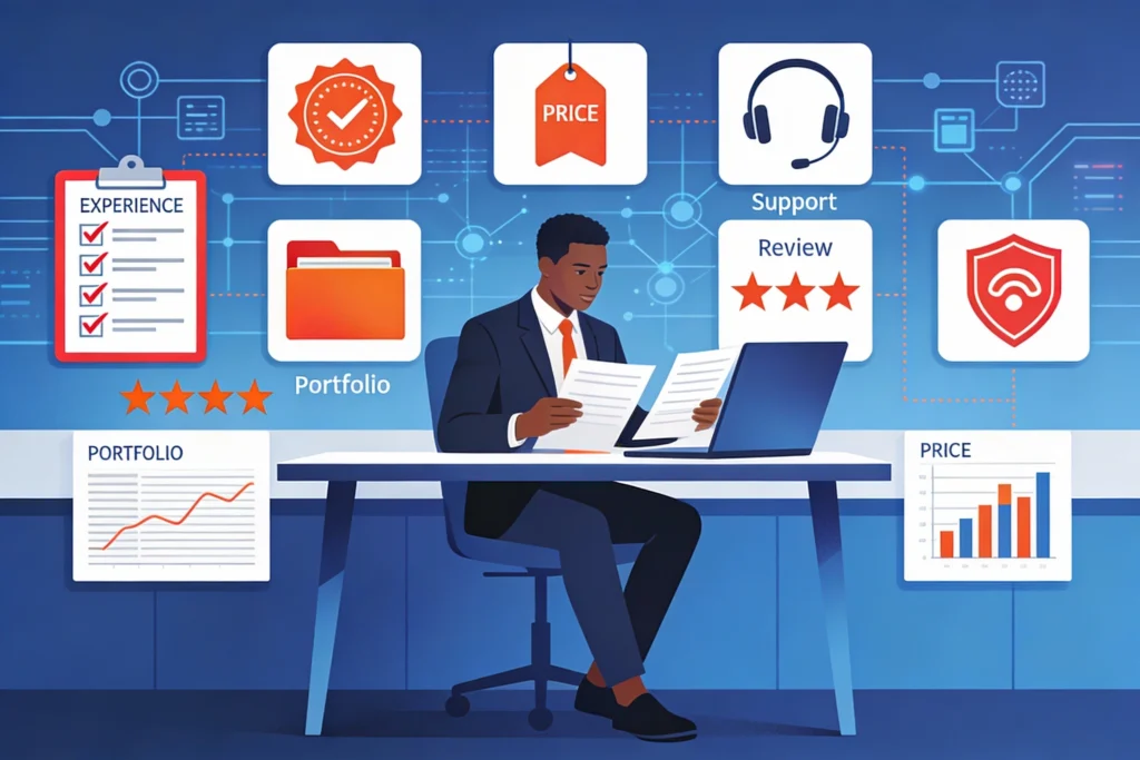 How to evaluate tech companies in Ghana: Professional reviewing 7 essential criteria including experience, pricing, portfolio, support, reviews, and security certifications
