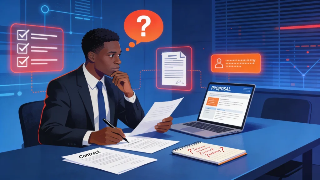 Critical questions before hiring IT company Ghana: Professional reviewing contract documents, vendor proposals, and evaluation checklist before signing technology services agreement
