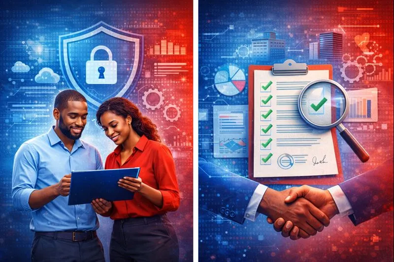 Two business professionals evaluating IT company proposals in Accra with security shield and checklist verification process