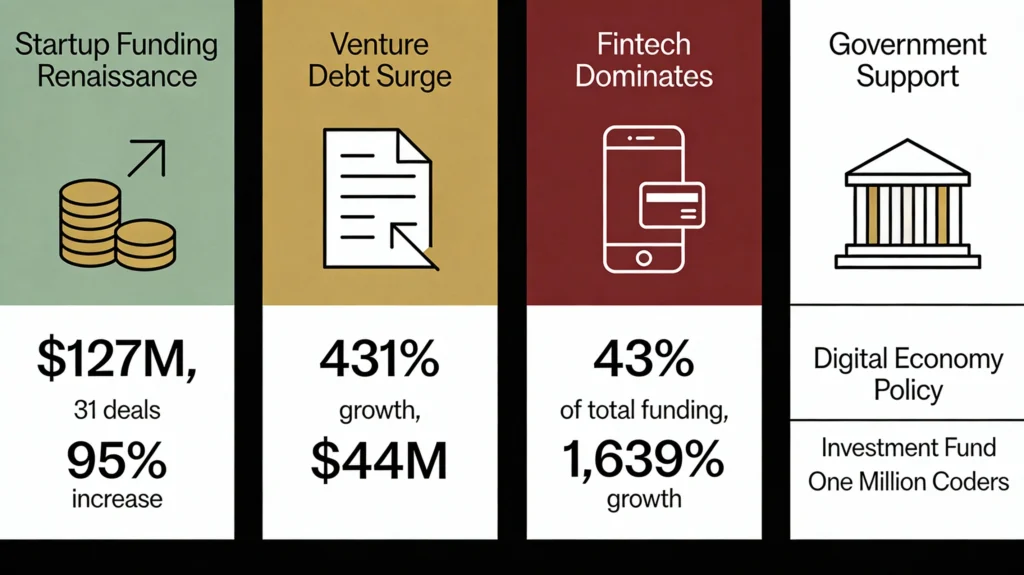 Ghana investment trends infographic showing $127M startup funding with 95% increase, 431% venture debt surge to $44M, fintech capturing 43% of funding with 1,639% growth, and government digital economy policy support