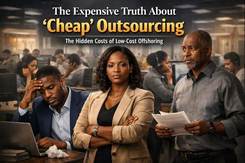 Infographic revealing hidden costs of cheap outsourcing with stressed professionals in office, perfect for Ghana software partners comparison