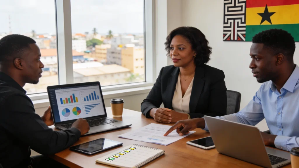 Ghanaian business owner asking questions to IT companies in Ghana during vendor selection meeting