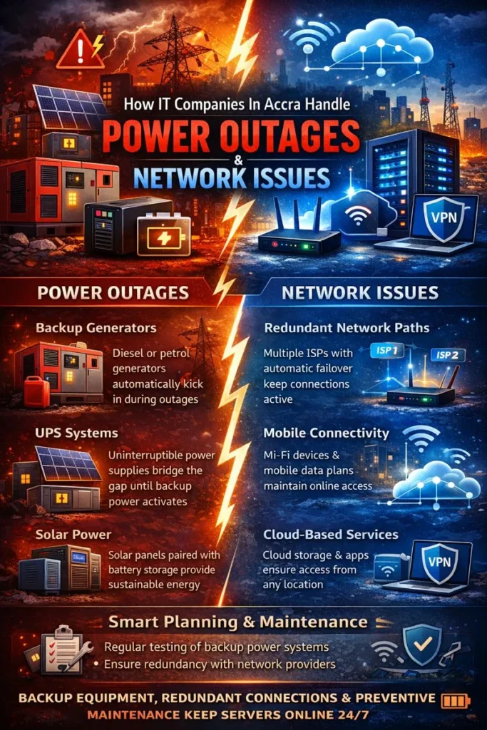 Infographic showing how IT companies in Accra handle power outages and network issues with generators, UPS, solar power, redundant ISPs and cloud services.
