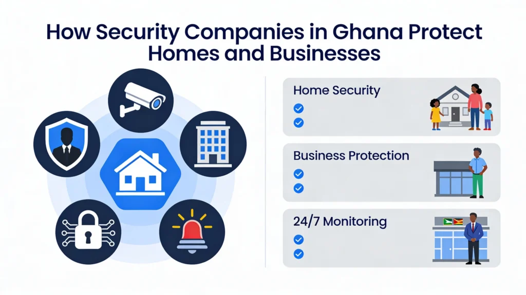 Informative infographic showing how security companies in Ghana protect homes and businesses with manned guards, CCTV, home security, business protection, and 24/7 monitoring