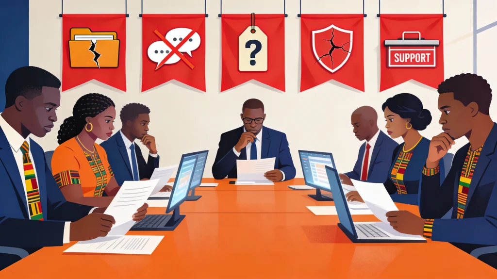 Five red flags to avoid when hiring tech companies in Ghana - business professionals reviewing IT vendor contracts and warning signs in Accra office