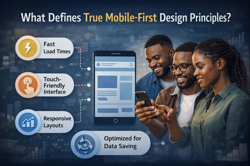 Mobile-first design principles in Ghana featuring fast load times, touch-friendly interfaces, responsive layouts, and optimized data usage.