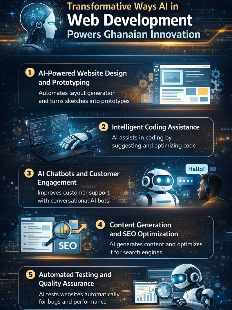Infographic showing transformative ways AI powers web development innovation in Ghana, including AI design, coding assistance, chatbots, SEO, and automated testing.

