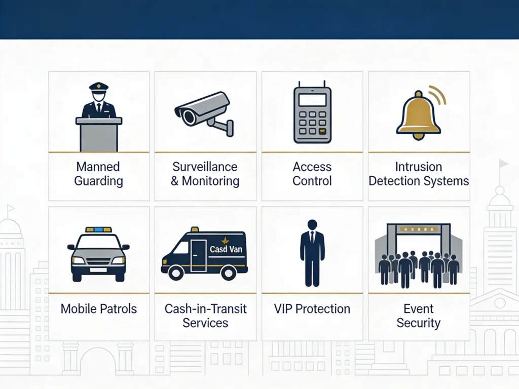 Infographic of core security services in Ghana: manned guarding, surveillance, access control, intrusion detection, mobile patrols, cash‑in‑transit, VIP protection, and event security.