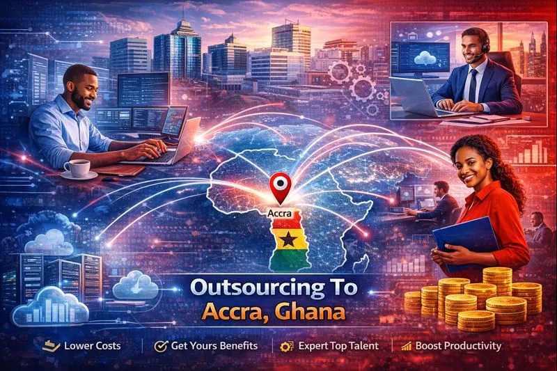 Accra Ghana IT outsourcing hub showing strategic location with benefits including lower costs, expert talent, productivity boost, and business advantages
