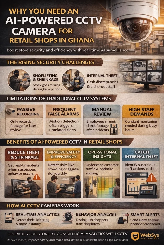 Infographic explaining the benefits of AI CCTV system for retail shops in Ghana, covering security challenges, limitations of traditional CCTV, and how AI cameras improve theft prevention and operational efficiency.