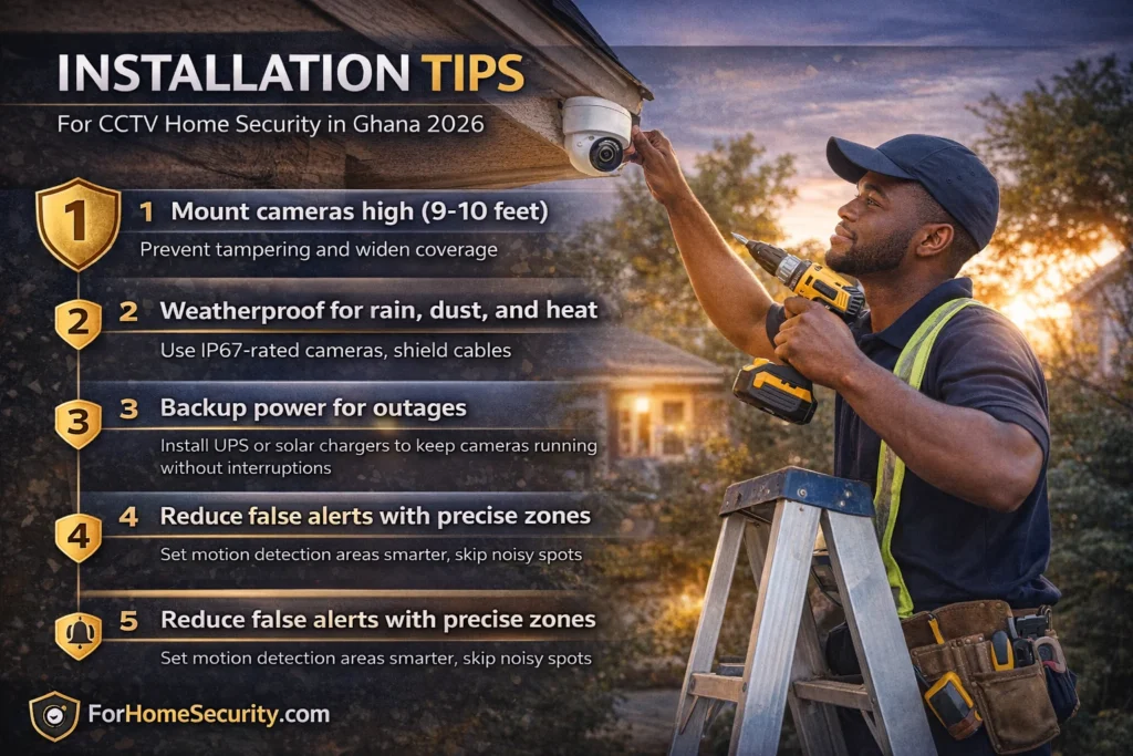 Essential CCTV camera installation tips for Ghana, including mounting height, weatherproofing, backup power, and motion detection zone setup.