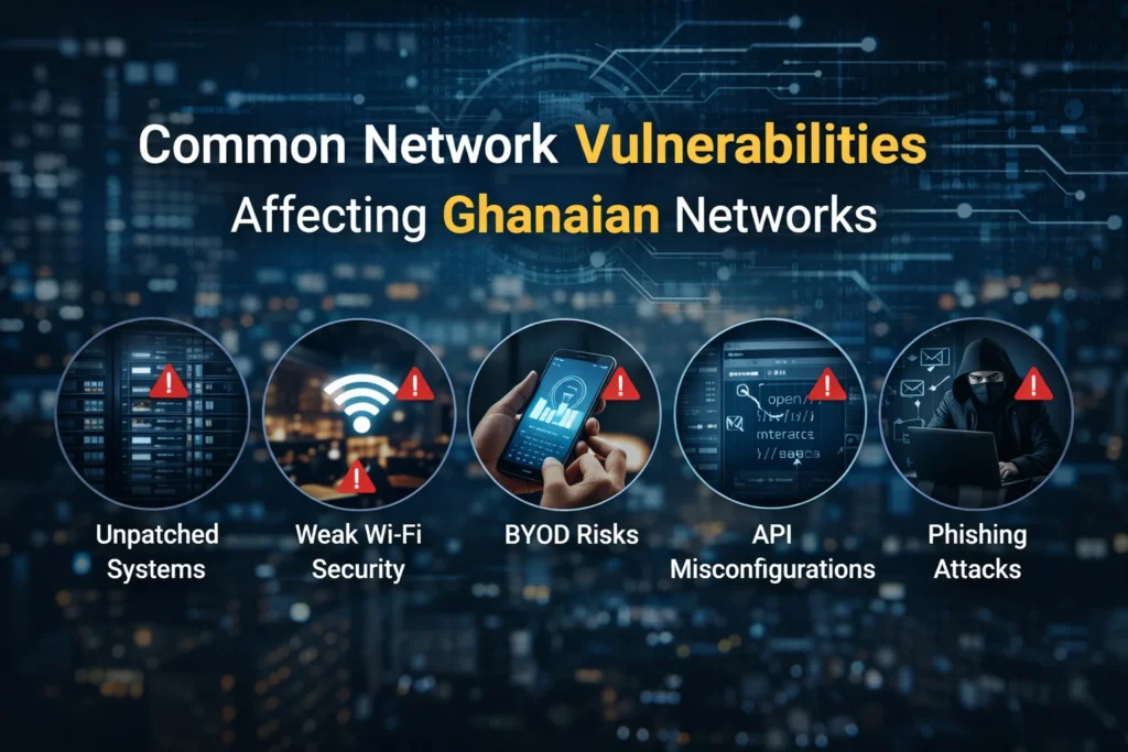 Common network vulnerabilities affecting Ghanaian networks, including unpatched systems, weak Wi-Fi security, BYOD risks, API misconfigurations, and phishing attacks.