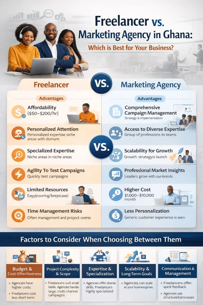 Infographic comparing the pros and cons of hiring a freelancer versus a marketing agency in Ghana, focusing on cost, expertise, scalability, and communication.