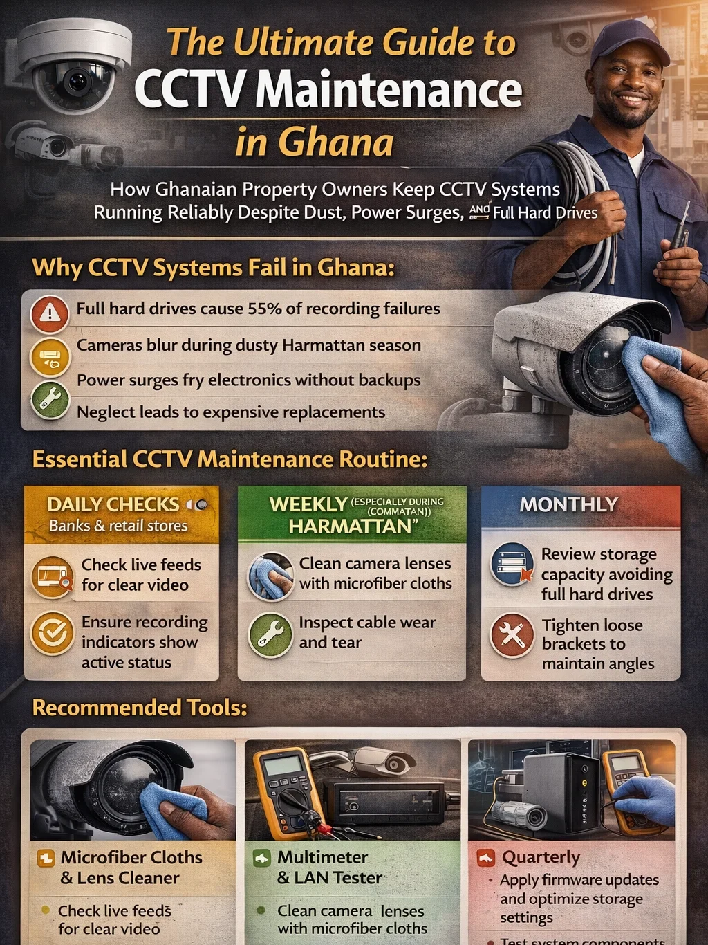 CCTV Maintenance Checklist & Tools infographic showing inspection schedules, cleaning tasks, storage checks, and power backup steps in Ghana
