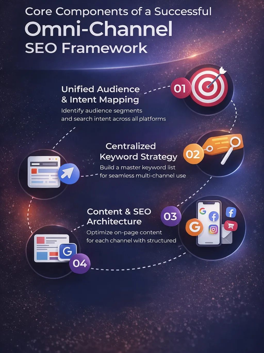 Infographic showing the core components of a successful Omni-Channel SEO Framework for Ghana, including audience mapping, keyword strategy, content architecture, and channel-specific SEO