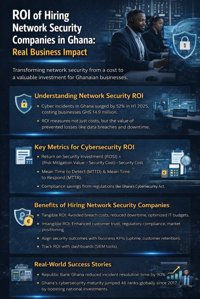 Infographic showing the core Elements of ROI for Hiring Network Security Firms. The infographic highlights cybersecurity risks, ROI metrics, benefits of hiring security firms, and real-world success stories such as Republic Bank Ghana’s 90% reduction in incident resolution time.