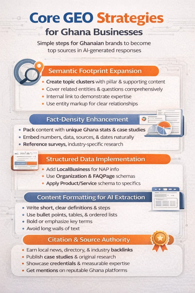 Infographic showing core GEO strategies for Ghana businesses focused on AI search optimisation and generative search visibility