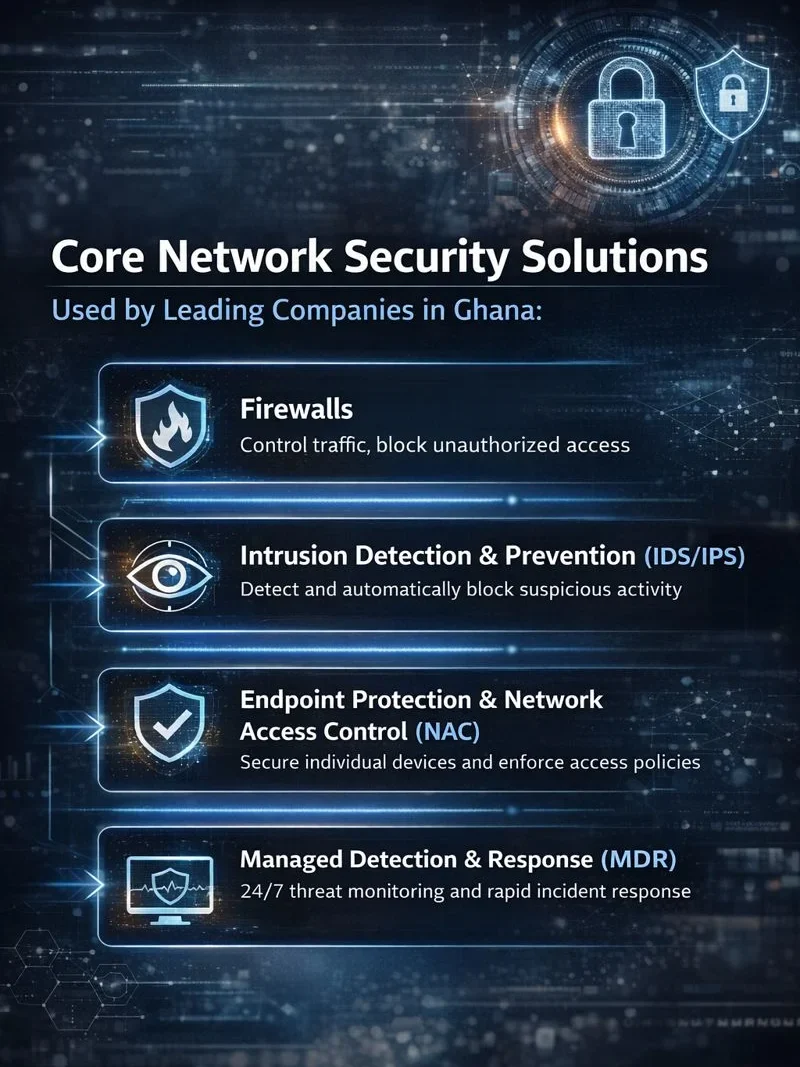 Visual overview of core network security services such as firewalls, intrusion detection, endpoint security, and MDR in Ghana