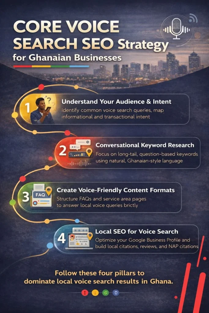 Infographic explaining the core Voice Search SEO optimization strategy for Ghanaian businesses with audience intent, content formats, and local optimization