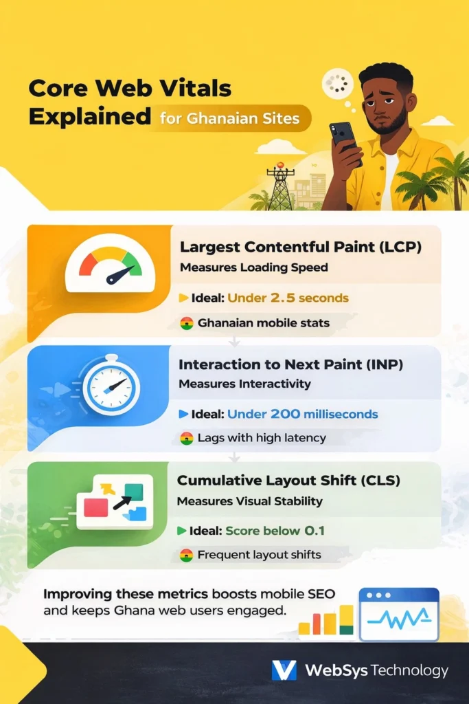 Core Web Vitals Explained for Ghanaian Sites infographic. Includes key metrics: LCP (Largest Contentful Paint), INP (Interaction to Next Paint), and CLS (Cumulative Layout Shift), with optimization tips for Ghana mobile users.
